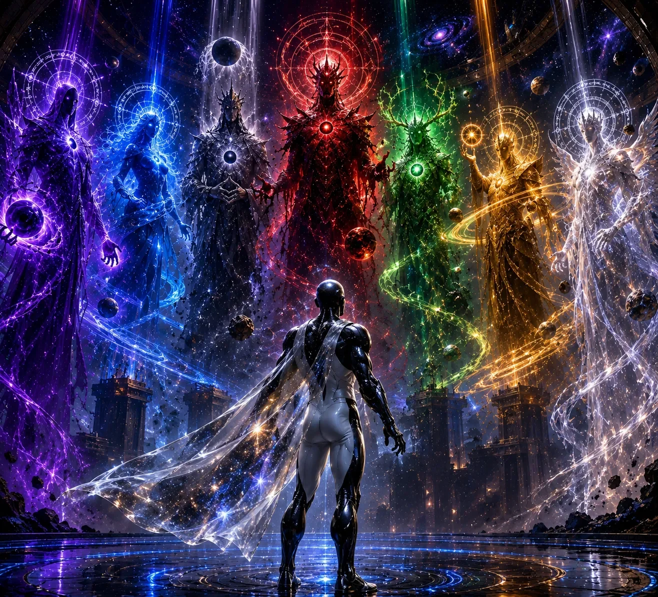 The Seven Pillars of Existence: seven towering figures in purple, blue, grey, red, green, gold and white